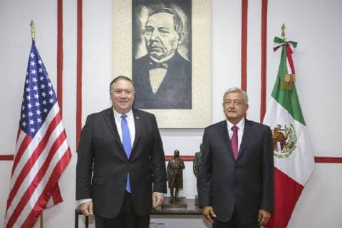 (180714) -- MEXICO CITY, July 14, 2018 -- Mexican President-elect Andres Manuel Lopez Obrador (R) and U.S. Secretary of State Mike Pompeo pose for photos during their meeting in Mexico City, capital of Mexico, on July 13, 2018. Str) (cr) (da) MEXICO-MEXICO CITY-U.S.-VISIT e STR 