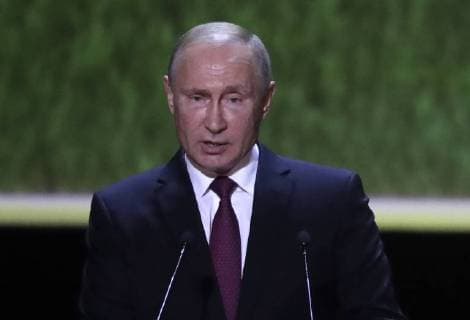 MOSCOW, RUSSIA - JULY 14, 2018: Russia s President Vladimir Putin addresses a gala concert of world opera stars held at Moscow s Bolshoi Theatre ahead of the 2018 FIFA World Cup Final match. Mikhail Metzel TASS  TS0896C4