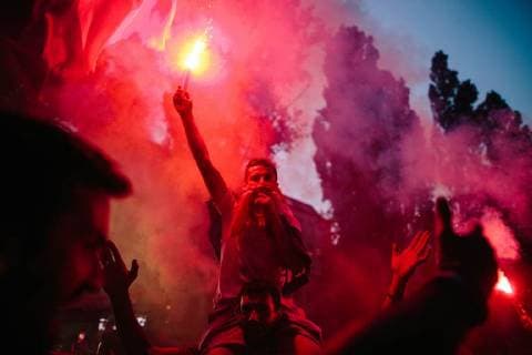15 07 2018 Croatian football fans celebrate second place in the Croatian national team at the World Cup in Russia Among other flags of the fascist Utascha movement are shown and shouting slogans Around the Croatian national team there were numerous scandals in the course of the World Cup to fascist relations Copyright: xMichaelxTrammerx