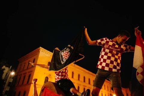 15 07 2018 Croatian football fans celebrate second place in the Croatian national team at the World Cup in Russia Among other flags of the fascist Utascha movement are shown and shouting slogans Around the Croatian national team there were numerous scandals in the course of the World Cup to fascist relations Copyright: xMichaelxTrammerx