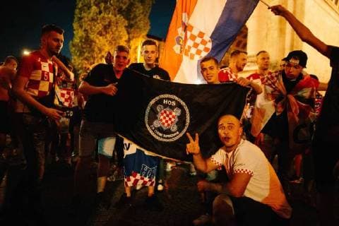 15 07 2018 Croatian football fans celebrate second place in the Croatian national team at the World Cup in Russia Among other flags of the fascist Utascha movement are shown and shouting slogans Around the Croatian national team there were numerous scandals in the course of the World Cup to fascist relations Copyright: xMichaelxTrammerx