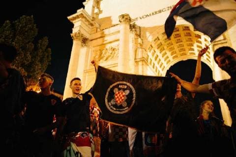 15 07 2018 Croatian football fans celebrate second place in the Croatian national team at the World Cup in Russia Among other flags of the fascist Utascha movement are shown and shouting slogans Around the Croatian national team there were numerous scandals in the course of the World Cup to fascist relations Copyright: xMichaelxTrammerx