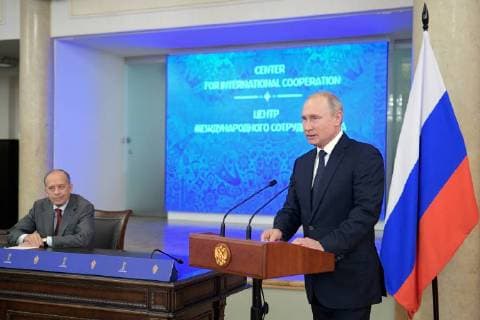 MOSCOW, RUSSIA - JULY 16, 2018: Russia s President Vladimir Putin (R) meets with representatives of the Centre for International Police Cooperation which was providing security during the 2018 FIFA World Cup. Pictured L is Russian Federal Security Service (FSB) Head Alexander Bortnikov. Alexei Druzhinin Russian Presidential Press and Information Office TASS  TS089C0A