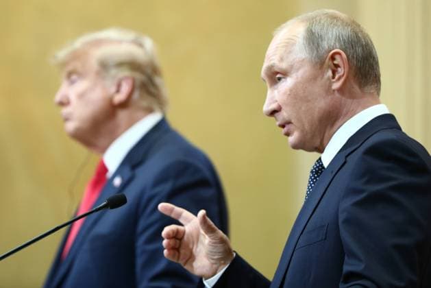 HELSINKI, FINLAND â€“ JULY 16, 2018: US President Donald Trump (L) and Russia s President Vladimir Putin give a joint news conference following their meeting at the Presidential Palace. Valery Sharifulin TASS  TS089D10