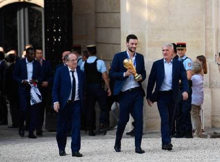 Arrivals at the reception at the Elysee in honor of the French football team World Champion 2018 Didier Deschamps (Coach of the France football team);Noël Le Graët;Hugo Lloris Paris France  592627