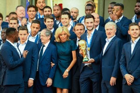 Arrivals at the reception at the Elysee in honor of the French football team World Champion 2018 Didier Deschamps (Coach of the France football team);Noël Le Graët;Hugo Lloris;Emmanuel Macron;Brigitte Macron Paris France  592627