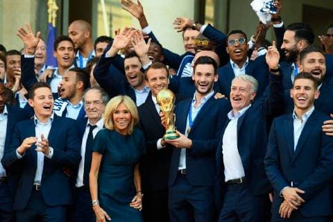 Arrivals at the reception at the Elysee in honor of the French football team World Champion 2018 Didier Deschamps (Coach of the France football team);Noël Le Graët;Hugo Lloris;Emmanuel Macron;Brigitte Macron Paris France  592627