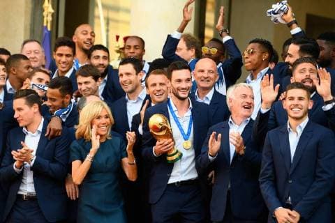 Arrivals at the reception at the Elysee in honor of the French football team World Champion 2018 Didier Deschamps (Coach of the France football team);Noël Le Graët;Hugo Lloris;Emmanuel Macron;Brigitte Macron Paris France  592627
