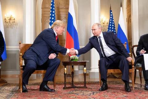 July 16, 2018 - Helsinki, Finland - Russian President Vladimir Putin shakes hands with U.S. President Donald Trump during the U.S. - Russia Summit meeting at the Presidential Palace July 16, 2018 in Helsinki, Finland. Helsinki Finland - ZUMAp138 20180716_zaa_p138_023 Copyright: xShealahxCraigheadx