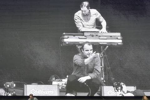 Singer Samuel T. Herring (down on the screen) and keyboardist Gerrit Welmers (up on the screen) of Future Islands music band perform during the 17th Colours of Ostrava music festival, on July 18, 2018, in Ostrava, Czech Republic. (CTKxPhoto JaroslavxOzana) CTKPhotoP201807180920301  JAO 07