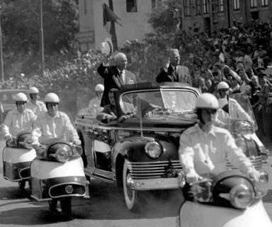 First Secretary of the Communist Party of the USSR Nikita Sergeyevich Khrushchev waves his hat to supporter during visit to Prague, Czechoslovakia, 1964. (CTKxPhoto) CTKPhotoFO00104811 
