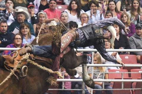 July 23, 2018 - Edmonton, Alberta, Canada - Saddle bronc rider Justin Berg from Camrose, AB, in action during the K-Days Rodeo in Edmonton..On Sunday, July 22, 2018, in Edmonton, Alberta, Canada. Edmonton Canada  - ZUMAn230 20180723_zaa_n230_489 Copyright: xArturxWidakx