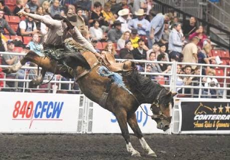 July 23, 2018 - Edmonton, Alberta, Canada - Saddle bronc rider Dawson Dahm from Duffield, AB, in action during the K-Days Rodeo in Edmonton..On Sunday, July 22, 2018, in Edmonton, Alberta, Canada. Edmonton Canada  - ZUMAn230 20180723_zaa_n230_496 Copyright: xArturxWidakx