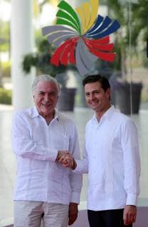 Mexican President Enrique Pena Nieto (R) welcomes the Brazilian President Michel Temer (L) during the 13th Summit of the Pacific Alliance in Puerto Vallarta, Mexico, 24 July 2018. The Summit is being held this July 23 and 24 in the resort of Puerto Vallarta, in the Mexican Pacific. 13th Summit of the Pacific Alliance, in Mexico !ACHTUNG: NUR REDAKTIONELLE NUTZUNG!  Copyright: xJosexMendezx MEX01 20180724-636680544433409309