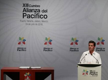 Mexican President Enrique Pena Nieto speaks during the 13th Summit of the Pacific Alliance in Puerto Vallarta, Mexico, 24 July 2018. The leaders of the Pacific Alliance and the Mercosur signed a joint plan declaration to promote free trade and integration in the Latin American region. 13th Summit of the Pacific Alliance, in Mexico !ACHTUNG: NUR REDAKTIONELLE NUTZUNG!  Copyright: xJosexMendezx MEX04 20180725-636680800019033211