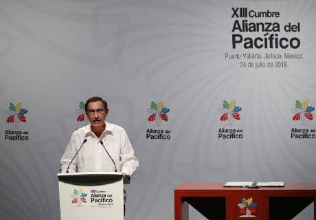 Peruvian President Martin Vizcarra speaks during the 13th Summit of the Pacific Alliance in Puerto Vallarta, Mexico, 24 July 2018. The leaders of the Pacific Alliance and the Mercosur signed a joint plan declaration to promote free trade and integration in the Latin American region. 13th Summit of the Pacific Alliance, in Mexico !ACHTUNG: NUR REDAKTIONELLE NUTZUNG!  Copyright: xJosexMendezx MEX06 20180725-636680805079157846