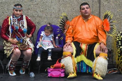 July 25, 2018 - Edmonton, Canada - Members of the First Nations observe the third annual traditional Pow Wow competition while awaiting for their performance, during the K-Days Festival in Edmonton. Over 700 First Nations dancers from dozens of different tribes will be featured at K-Days in Edmonton over three days this week..On Tuesday, July 24, 2018, in Edmonton, Alberta, Canada. Edmonton Canada  - ZUMAn230 20180725_zaa_n230_039 Copyright: xArturxWidakx