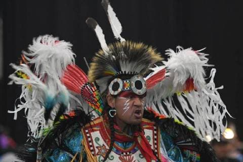 July 25, 2018 - Edmonton, Canada - A member of the First Nations performs a traditional dance during the third annual traditional Pow Wow competition, at the K-Days Festival in Edmonton. .Over 700 First Nations dancers from dozens of different tribes will be featured at K-Days in Edmonton over three days this week..On Tuesday, July 24, 2018, in Edmonton, Alberta, Canada. Edmonton Canada  - ZUMAn230 20180725_zaa_n230_053 Copyright: xArturxWidakx