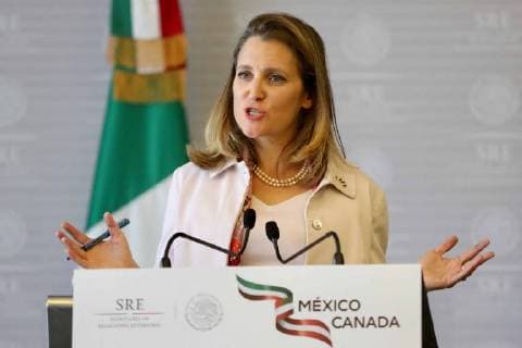 July 25, 2018 - EUM20180725NAC26.JPG.CIUDAD DE MEXICO, Politics Politica-Mexico.- Conferencia de prensa posterior a la reunion que sostuvieron el secretario de Relaciones Exteriores, Luis Videgaray, y el titular de la Secretaria de Economia, Ildefonso Guajardo, con Chrystia Freeland, ministra de Relaciones Exteriores de Canada (en imagen), este 25 de julio de 2018 en la sede de la Cancilleria mexicana. Foto: Agencia EL UNIVERSAL Lucia Godinez AFBV  - ZUMAu78_ 20180725_zaf_u78_063 Copyright: xLucoÂAxGodinezx