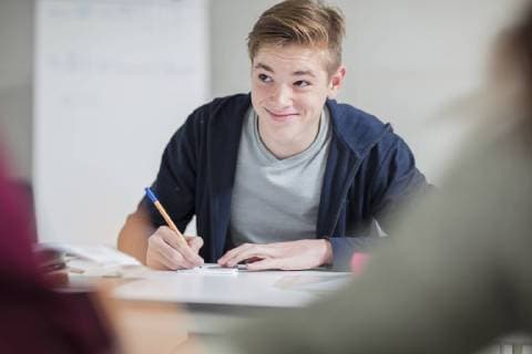 Smiling teenage boy taking notes in class model released Symbolfoto property released  ZEF15668