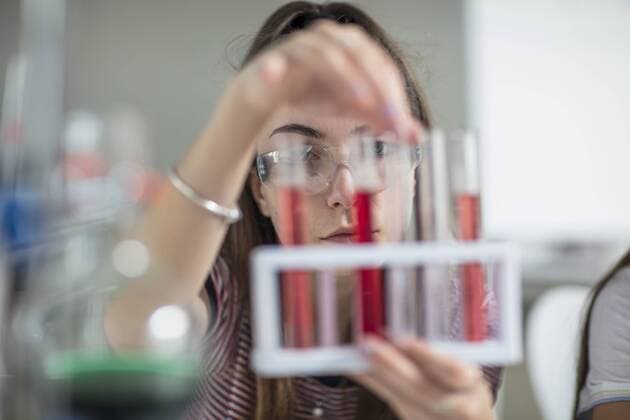 Student in science class experimenting with test tubes model released Symbolfoto property released  ZEF15688