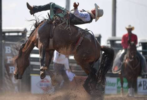 July 28, 2018 - Bonnyville, Alberta, Canada - Bareback rider, Mason Helmeczi from Esterhazy, SK, in action during the second day of Bonnyville Pro Rodeo..On Saturday, July 28, 2018, in Bonnyville, Alberta, Canada. Bonnyville Canada - ZUMAn230 20180728_zaa_n230_641 Copyright: xArturxWidakx