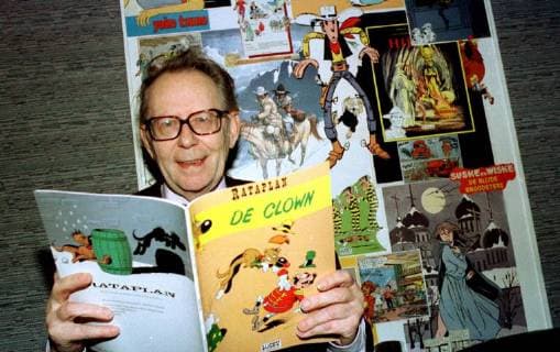 BRU16 - - BRUSSELS, BELGIUM : FILE PICTURE shows comic strip drawer Maurice De Bevere, known as Morris, father of cow-boy Lucky Luke presenting a new issue of Rantanplan. It was announced Thursday 19 July 2001 that Morris died on Tuesday 17 after a fall in Southern France. ROBERTxVANDENxBRUGGE  x678393x