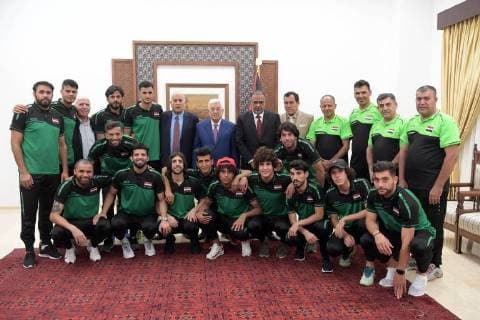 August 4, 2018 - Ramallah, West Bank, Palestinian Territory - Palestinian President Mahmoud Abbas meets with the Iraqi team for football in the West Bank city of Ramallah on August 4, 2018 Ramallah Palestinian Territory - ZUMAap3_ 20180804_zaf_ap3_080 Copyright: xThaerxGanaimx