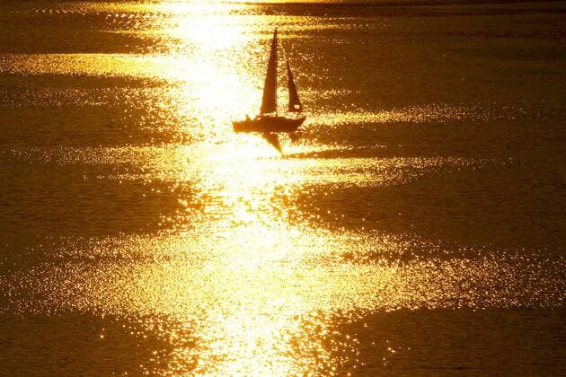 Sailboat drives over the Edersee in the backlight of the low evening sun Kellerwald Hessen Germany