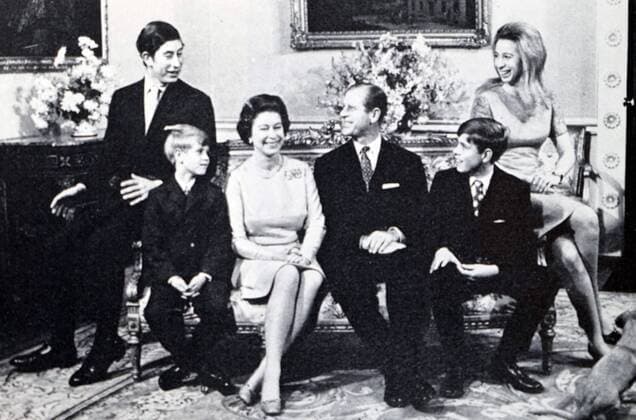 Photograph of Queen Elizabeth II (1926-) and Prince Philip, The Duke of Edinburgh (1921) on their Silver Wedding Anniversary. Also pictured is Prince Charles and Prince Edward. Dated 20th Century WorldxHistoryxArchive 917_05_WHA_094_0930