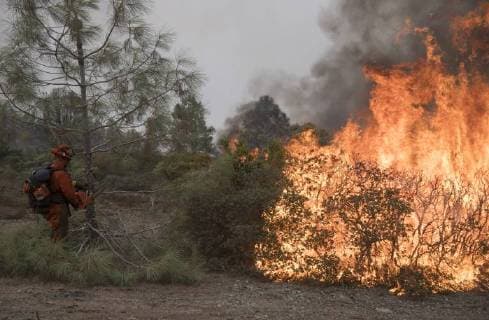 Firefightersl set a backfire along a ridge in Colusa County, California on August 7, 2018. The Mendocino Complex fire has become the largest in the state s history.  SXP2018080719 TERRYxSCHMITT