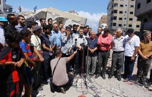 August 10, 2018 - Gaza City, Gaza Strip, Palestinian Territory - Palestinian Officials from Ministry of Culture held a press conference on the rubble of Said al-Mishal Cultural Center following an Israeli air strike destroyed it on the previous day, in Gaza city on Aug. 10, 2018 Gaza City Palestinian Territory - ZUMAap3_ 20180810_zaf_ap3_007 Copyright: xMahmoudxAjourx