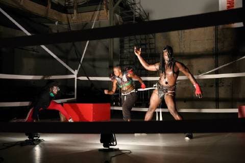 Shamar Watt Nora Chipaumire and Pape Ibrahima Ndiaye aka Kaolack vl during the photo sample for the dance performance portrait of myself as my father at the festival Tanz im August in the Sophiensaelen in Berlin 14 August 2018 Premiere is on 15 August 2018 Artistic director Concept and choreography Nora Chipaumire Festival Dance in August portrait of myself as my father