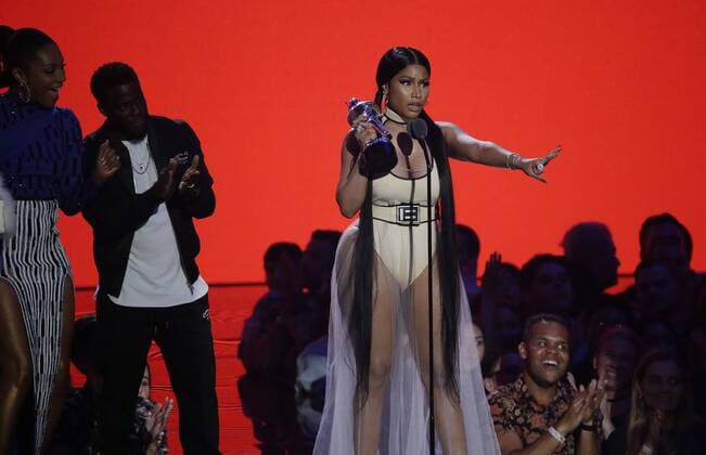 Nicki Minaj accepts the Best Pop award during the 35th annual MTV Video Music Awards at Radio City Music Hall in New York City on August 20, 2018.  NYP20180820108 JOHNxANGELILLO