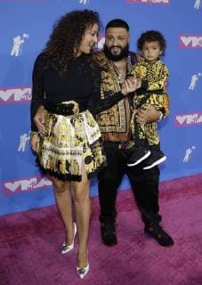 Nicole Tuck, DJ Khaled and Asahd Tuck Khaled arrive on the red carpet at the 35th annual MTV Video Music Awards at Radio City Music Hall in New York City on August 20, 2018.  NYP20180820355 SERENAxXU-NING