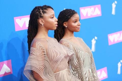 Chloe Bailey and Halle Bailey arrive on the red carpet at the 35th annual MTV Video Music Awards at Radio City Music Hall in New York City on August 20, 2018.  NYP20180820370 SERENAxXU-NING
