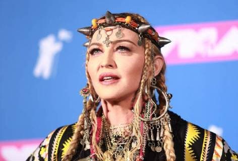 Madonna pose for photographers in the press room at the 35th annual MTV Video Music Awards at Radio City Music Hall in New York City on August 20, 2018.  NYP20180820434 SERENAxXU-NING