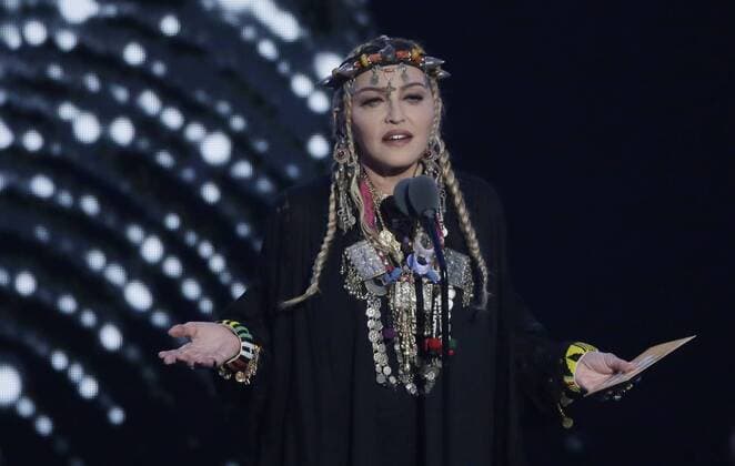 Madonna honors Aretha Franklin during the 35th annual MTV Video Music Awards at Radio City Music Hall in New York City on August 20, 2018.  NYP20180820164 JOHNxANGELILLO