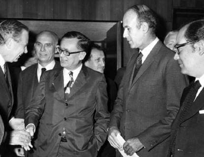 - Finance ministers of the six had a meeting in september 1971 about the international monetary situation. On the picture : M. Snoy, M. Schiller, M. Giscard d Estaing and Community President Malfatti. ARCHIVES  x34476994x