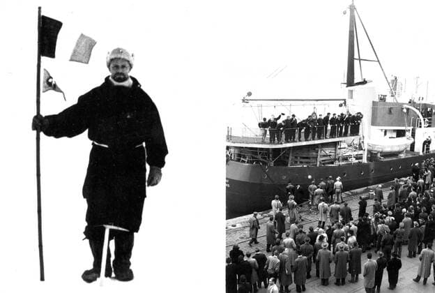 - The picture is about Adrien de Gerlache Antarctic expetidion. Adrien de Gerlache was the belgian officer of Belgium Royal Navy who led the expedition between 1897 and 1899. On the picture : on the left : Adrien de Gerlache wielding belgian flag at King Baudouin base ; on the right : the departure of the expedition. ARCHIVES  x34553067x
