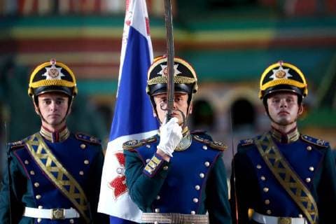 MOSCOW, RUSSIA â€“ AUGUST 24, 2018: Honour Guard of the Russian Presidential Regiment perform at the opening of the 2018 Spasskaya Tower International Military Music Festival, in Moscow s Red Square. Anton Novoderezhkin TASS  TS08DEB4
