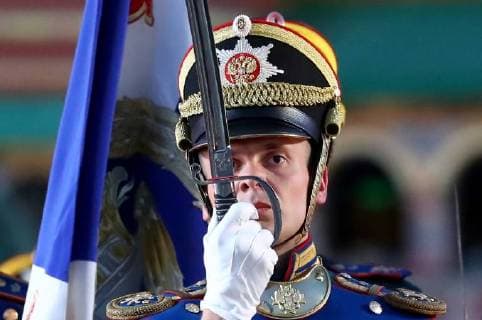 MOSCOW, RUSSIA â€“ AUGUST 24, 2018: Honour Guard of the Russian Presidential Regiment perform at the opening of the 2018 Spasskaya Tower International Military Music Festival, in Moscow s Red Square. Anton Novoderezhkin TASS  TS08DEBA