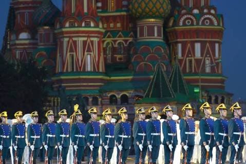 MOSCOW, RUSSIA â€“ AUGUST 24, 2018: Honour Guard of the Russian Presidential Regiment perform at the opening of the 2018 Spasskaya Tower International Military Music Festival, in Moscow s Red Square. Anton Novoderezhkin TASS  TS08DEBB