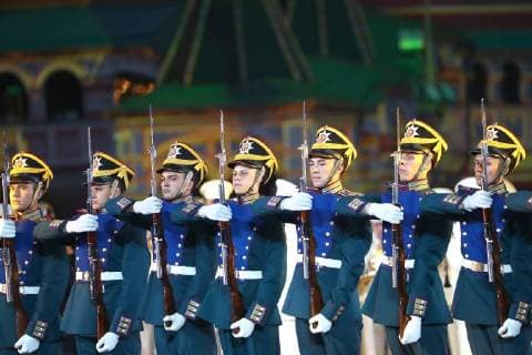 MOSCOW, RUSSIA â€“ AUGUST 24, 2018: Honour Guard of the Russian Presidential Regiment perform at the opening of the 2018 Spasskaya Tower International Military Music Festival, in Moscow s Red Square. Anton Novoderezhkin TASS  TS08DEBC