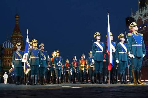 MOSCOW, RUSSIA â€“ AUGUST 24, 2018: Honour Guard of the Russian Presidential Regiment perform at the opening of the 2018 Spasskaya Tower International Military Music Festival, in Moscow s Red Square. Anton Novoderezhkin TASS  TS08DEBF