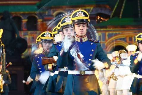 MOSCOW, RUSSIA â€“ AUGUST 24, 2018: Honour Guard of the Russian Presidential Regiment perform at the opening of the 2018 Spasskaya Tower International Military Music Festival, in Moscow s Red Square. Anton Novoderezhkin TASS  TS08DEC0