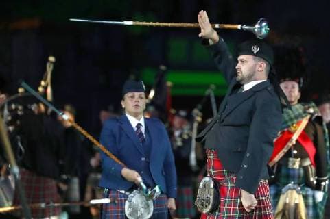 MOSCOW, RUSSIA â€“ AUGUST 24, 2018: Member of the Celtic Massed Pipes and Drums Band perform at the opening of the 2018 Spasskaya Tower International Military Music Festival, in Moscow s Red Square. Anton Novoderezhkin TASS  TS08DEC3