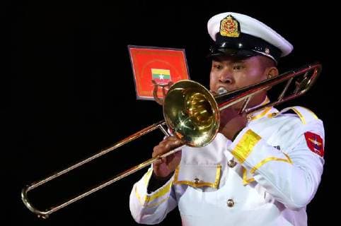 MOSCOW, RUSSIA â€“ AUGUST 24, 2018: Member of the Military Band of the Myanmar Armed Forces performs at the opening of the 2018 Spasskaya Tower International Military Music Festival, in Moscow s Red Square. Anton Novoderezhkin TASS  TS08DECE