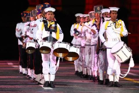 MOSCOW, RUSSIA â€“ AUGUST 24, 2018: Members of the Sri Lankan Military Band perform at the opening of the 2018 Spasskaya Tower International Military Music Festival, in Moscow s Red Square. Anton Novoderezhkin TASS  TS08DED4