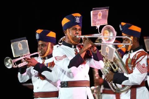 MOSCOW, RUSSIA â€“ AUGUST 24, 2018: Members of the Sri Lankan Military Band perform at the opening of the 2018 Spasskaya Tower International Military Music Festival, in Moscow s Red Square. Anton Novoderezhkin TASS  TS08DED5